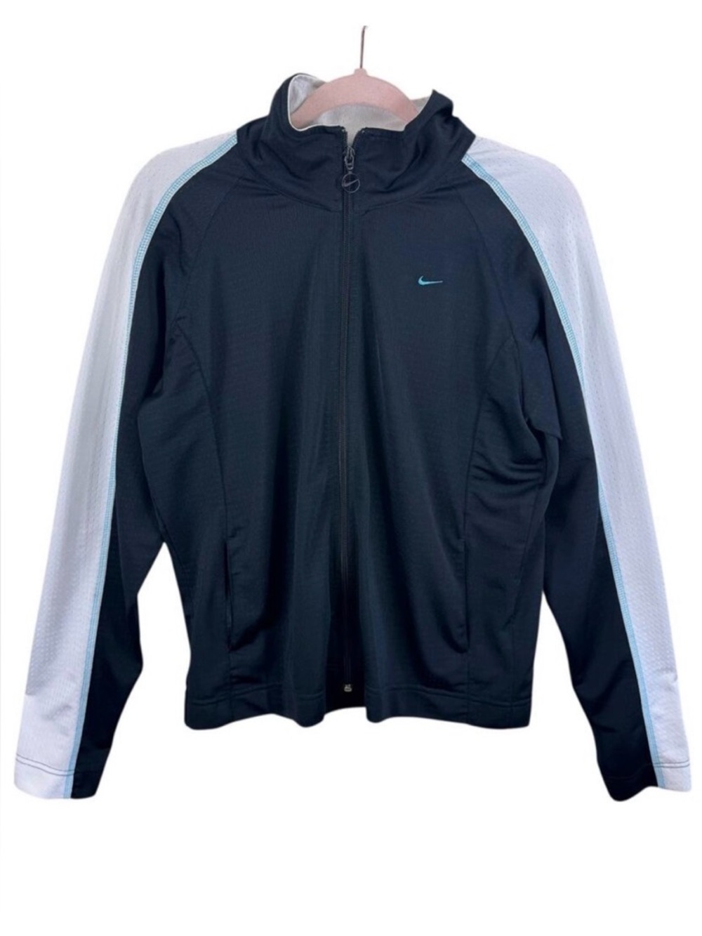 Nike Vtg 90s Black White Blue Full Zip Mock Neck Mesh Athletic Jacket Women's XL